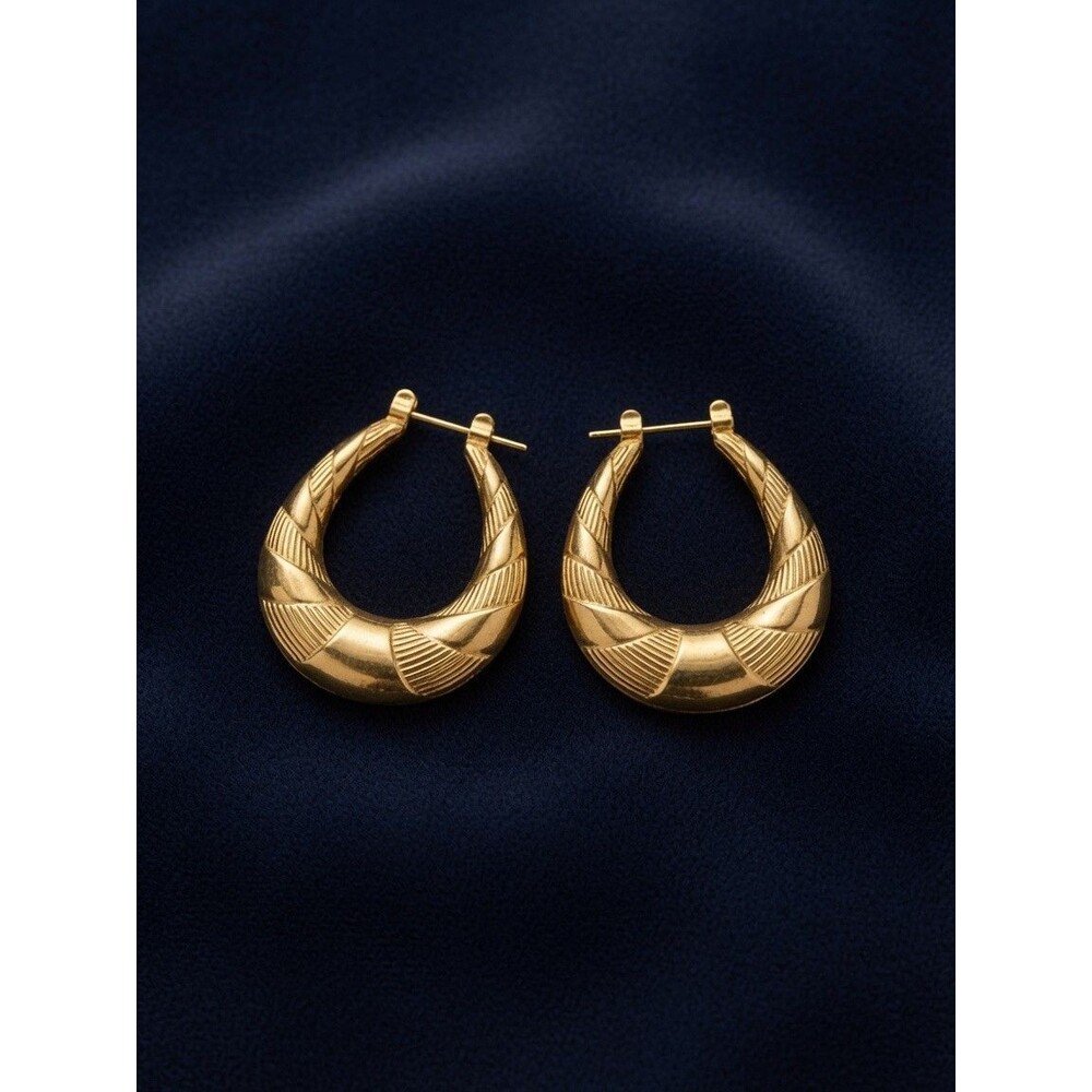 Vintage Gold Tone Textured Hoop Statement Earrings Etched Ribbed Leaf Pattern